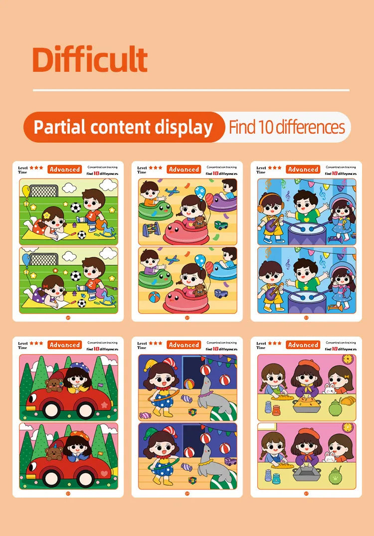 Find Differences Card Game Reusable Cartoon Educational Puzzle for Kids Three Difficulty Levels for Focus Attention Training