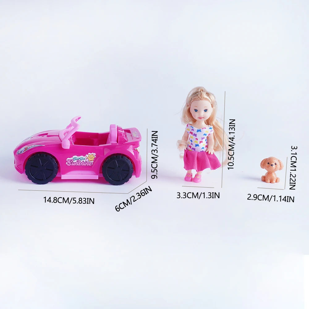 Mini Fashion Girl Doll With Pet Dog Travel Convertible Car Toy