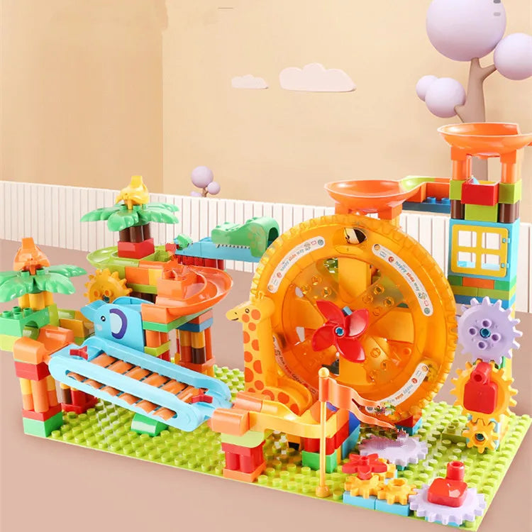Large Marble Run Electric Spiral Lift Windmill Wheel Roller Coaster Paino  Slide Dino Track Parts Compatible Building Blocks Toy
