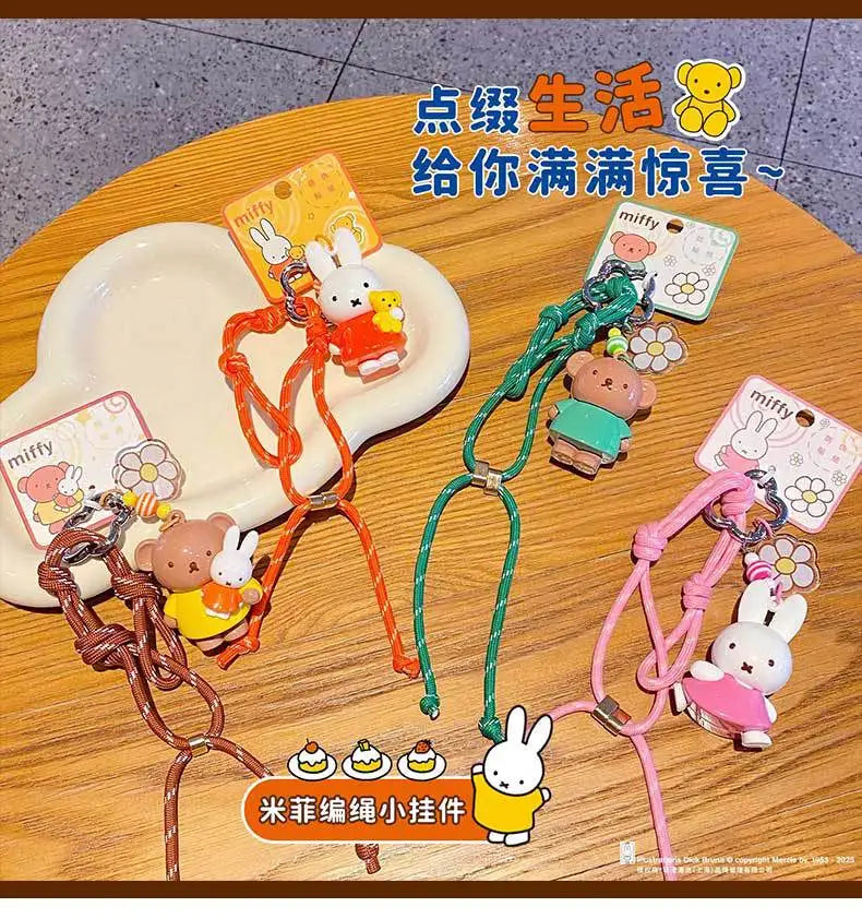 Kawaii Miffy Rabbit Keychain Doll  Cutegirlish Anime Cartoon Creative Rope Weaving Keychain Schoolbag Couple Gift