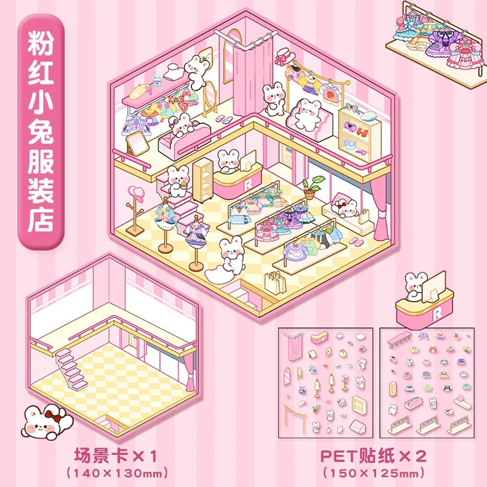 3D DIY Stickers Korean Style Cartoon Landscape Stickers Miniature Cabin Scene Stacking Pasting Hand Account Gift for Kid Child