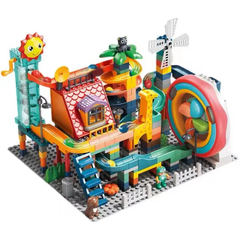 Large Marble Run Electric Spiral Lift Windmill Wheel Roller Coaster Paino  Slide Dino Track Parts Compatible Building Blocks Toy