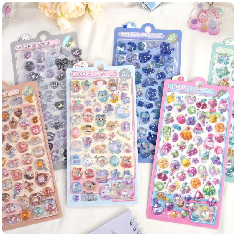 3D Embossed Stickers for Girls - Cute Cartoon Ice Cream/Fruit/Animal - Journal Decor Decals  kawaii